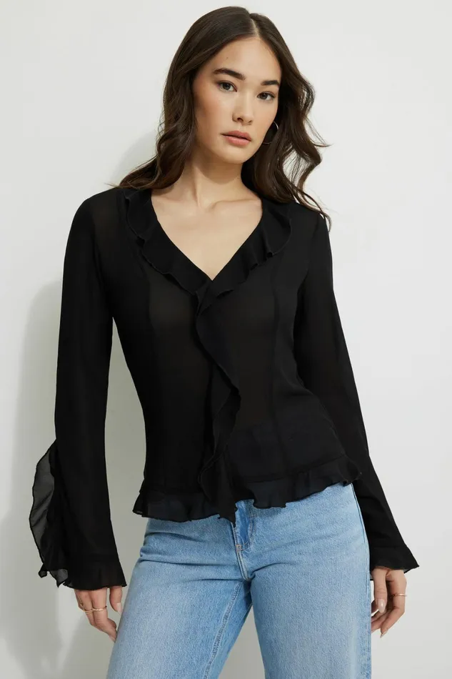 Women Dynamite Tops Ruffled Flyaway Top Black