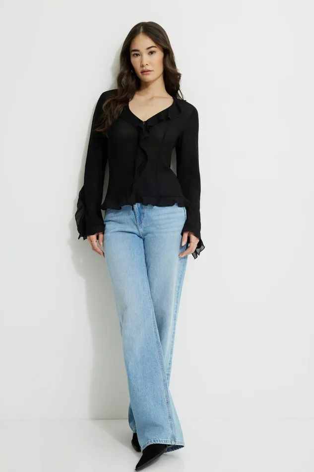 Women Dynamite Tops Ruffled Flyaway Top Black