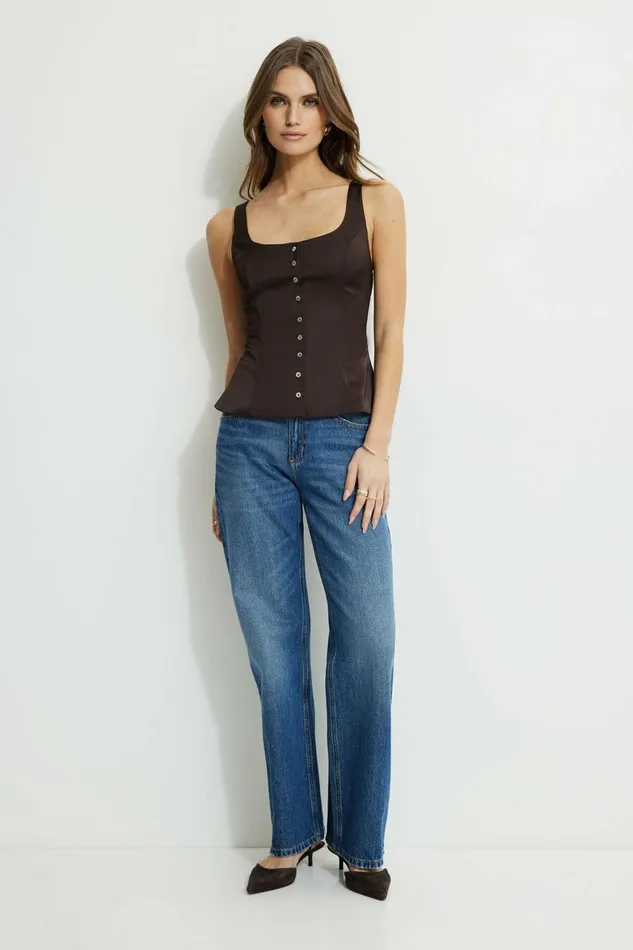Women Dynamite Tops Satin Flyaway Tank Top Brown