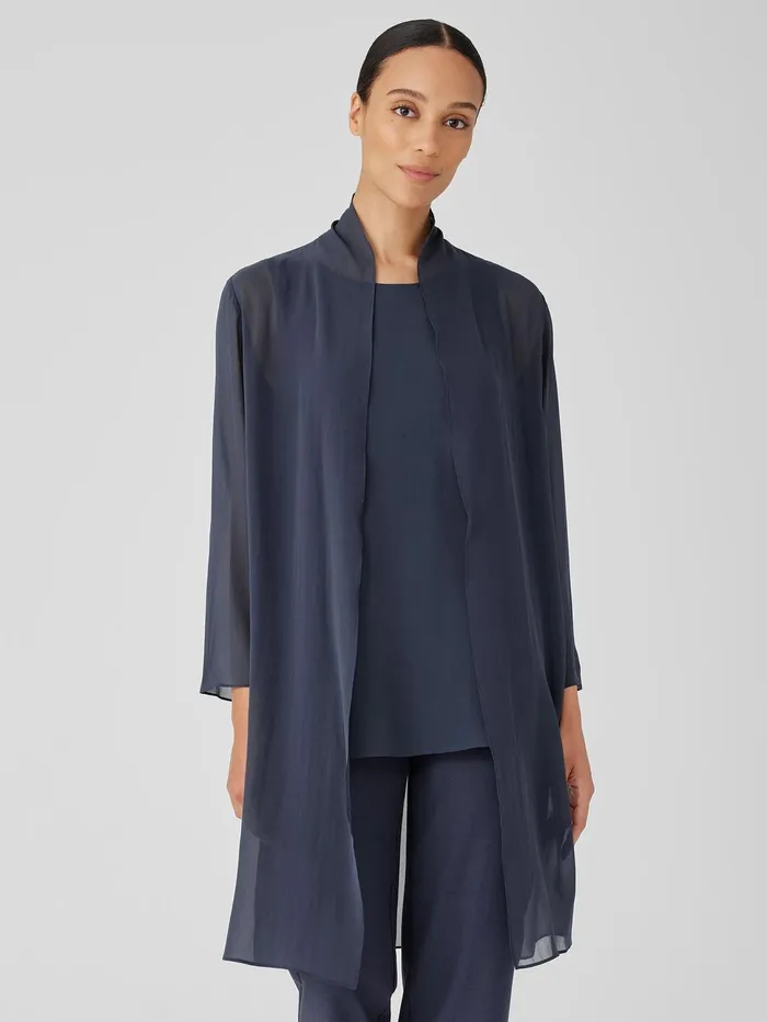 Women Eileen Fisher Jackets Coats and Vests Sheer Silk Georgette High Collar Jacket Ocean Women Eileen Fisher Jackets Coats and Vests Sheer Silk Georgette High Collar Jacket Ocean
