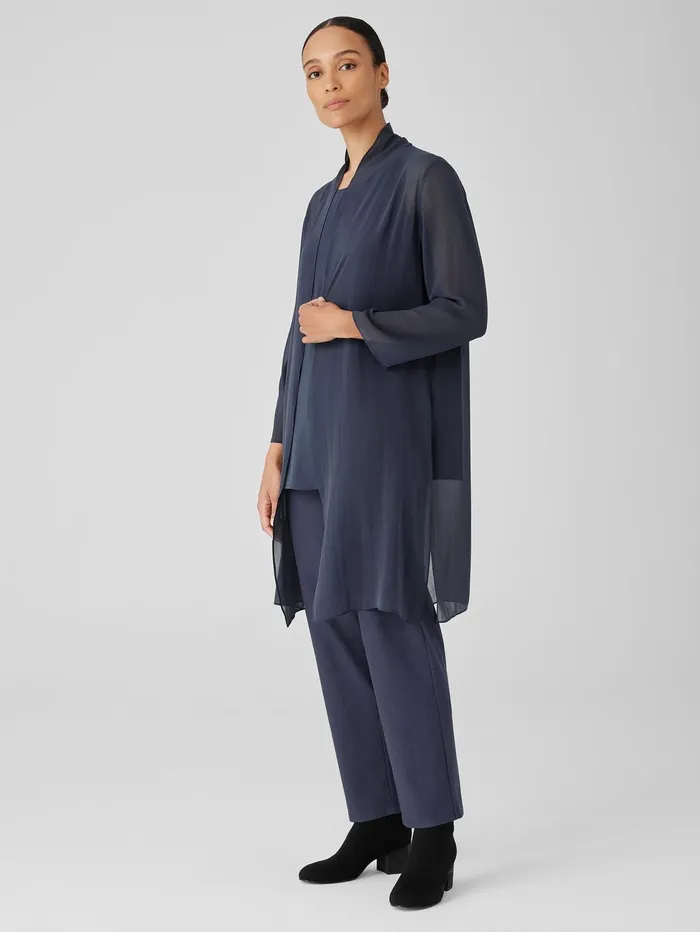 Women Eileen Fisher Jackets Coats and Vests Sheer Silk Georgette High Collar Jacket Ocean