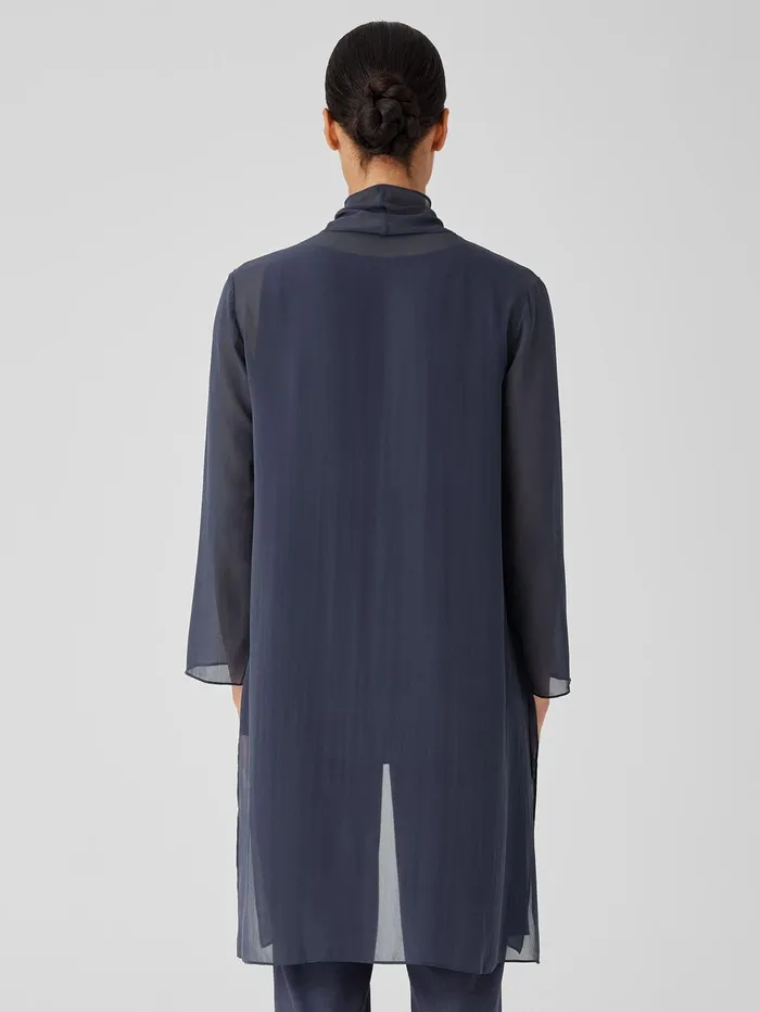 Women Eileen Fisher Jackets Coats and Vests Sheer Silk Georgette High Collar Jacket Ocean