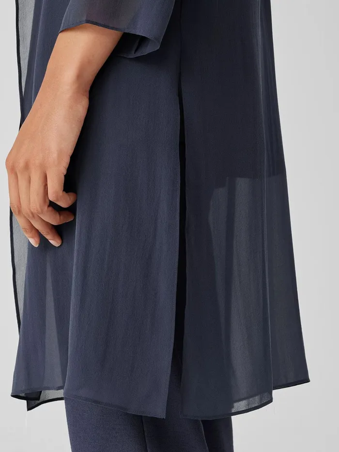 Women Eileen Fisher Jackets Coats and Vests Sheer Silk Georgette High Collar Jacket Ocean
