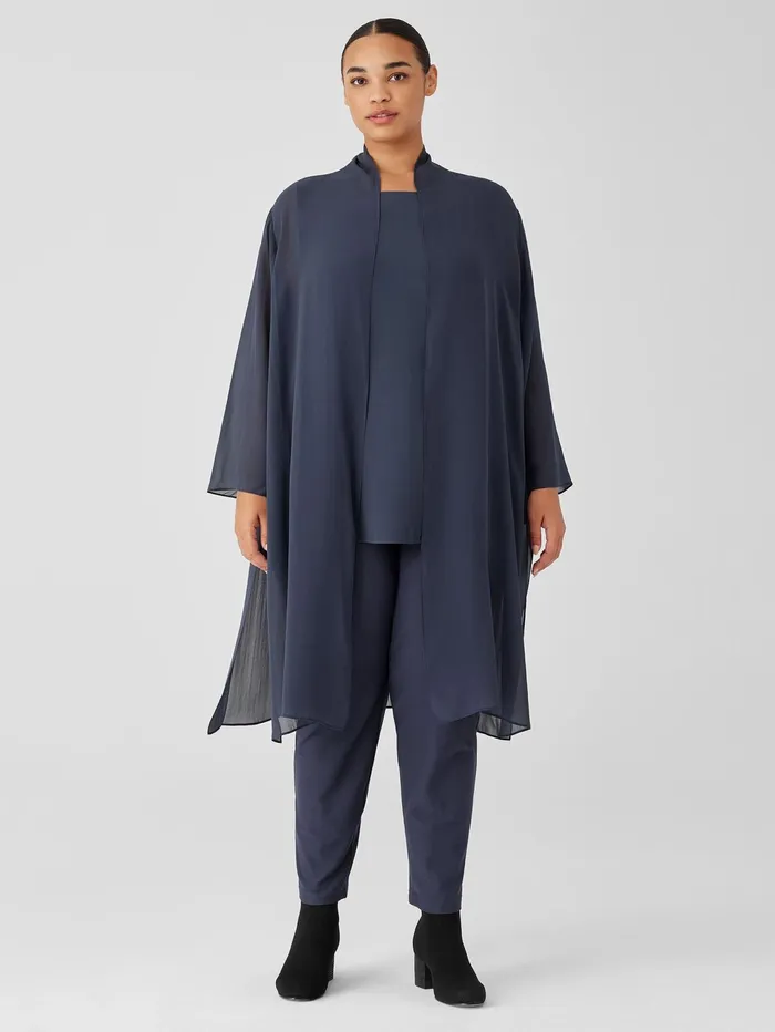 Women Eileen Fisher Jackets Coats and Vests Sheer Silk Georgette High Collar Jacket Ocean