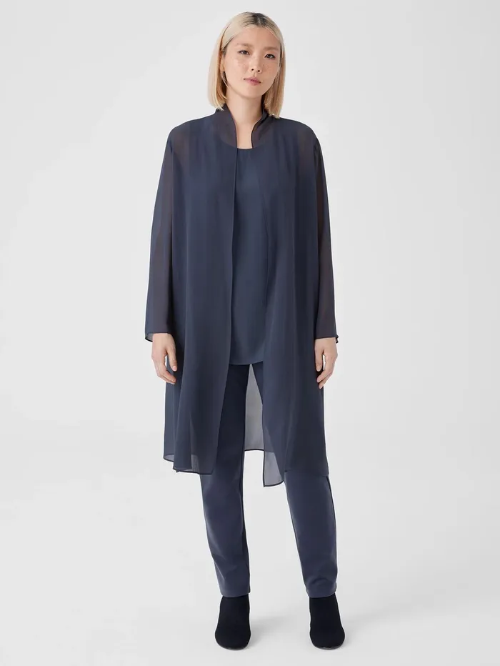 Women Eileen Fisher Jackets Coats and Vests Sheer Silk Georgette High Collar Jacket Ocean
