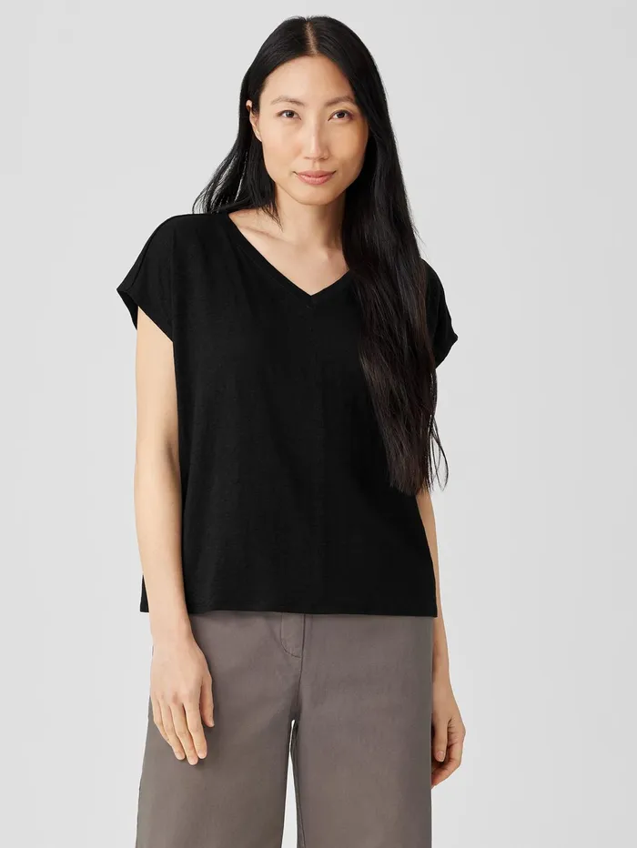 Women Eileen Fisher Tops and Tees Organic Linen Jersey VNeck Tee Black