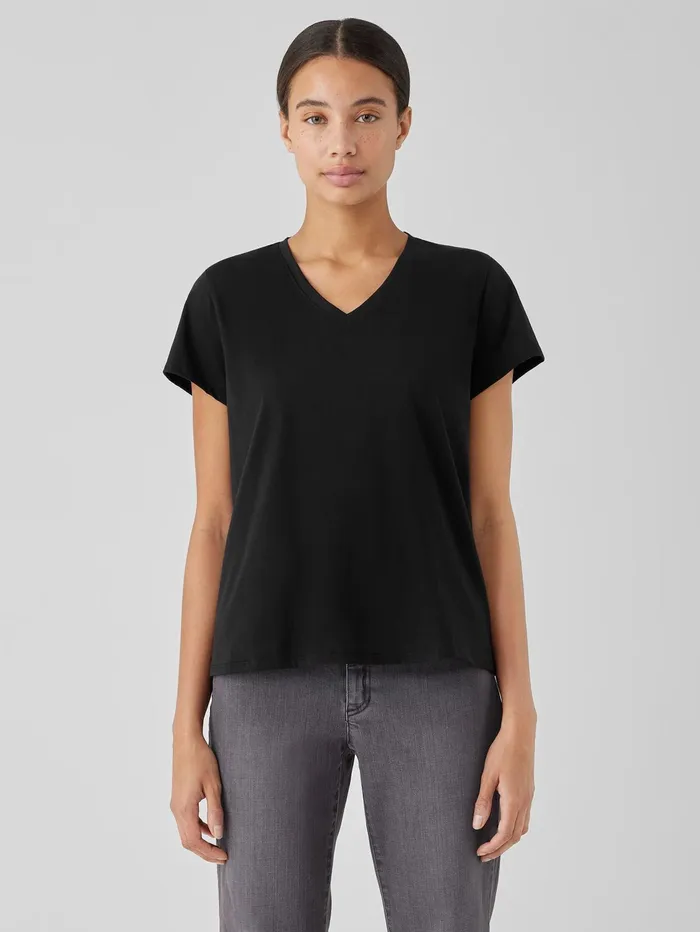 Women Eileen Fisher Tops and Tees Organic Pima Cotton Jersey VNeck Tee Black