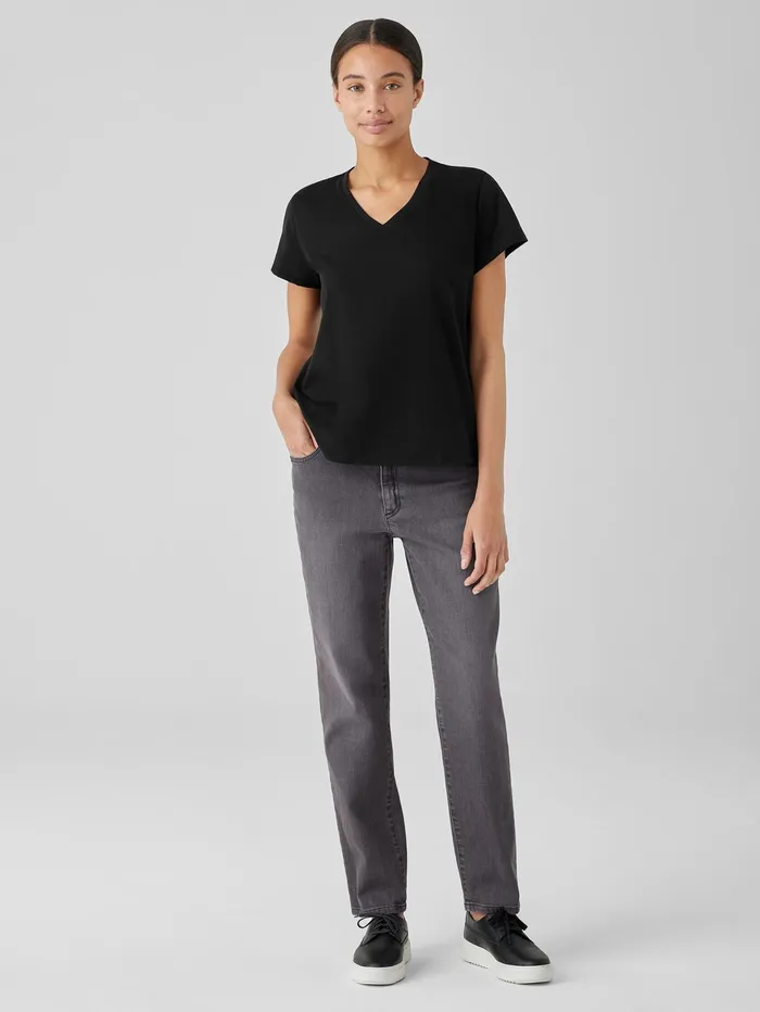 Women Eileen Fisher Tops and Tees Organic Pima Cotton Jersey VNeck Tee Black