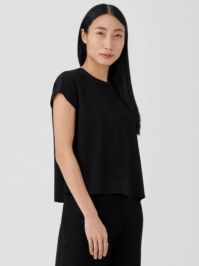 Women Eileen Fisher Tops and Tees Silk Georgette Crepe Square Top Black