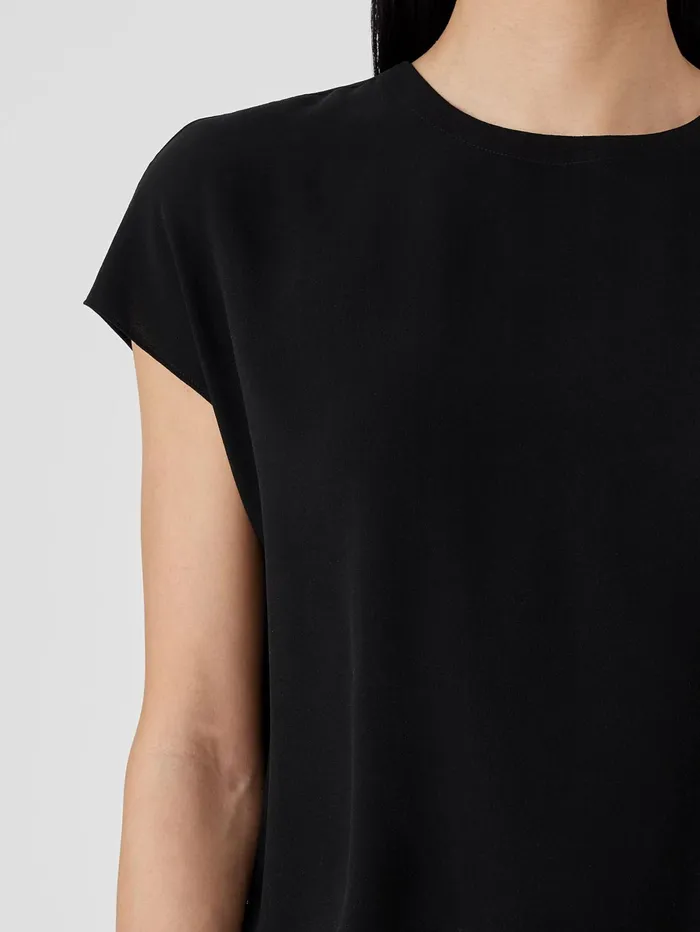 Women Eileen Fisher Tops and Tees Silk Georgette Crepe Square Top Black