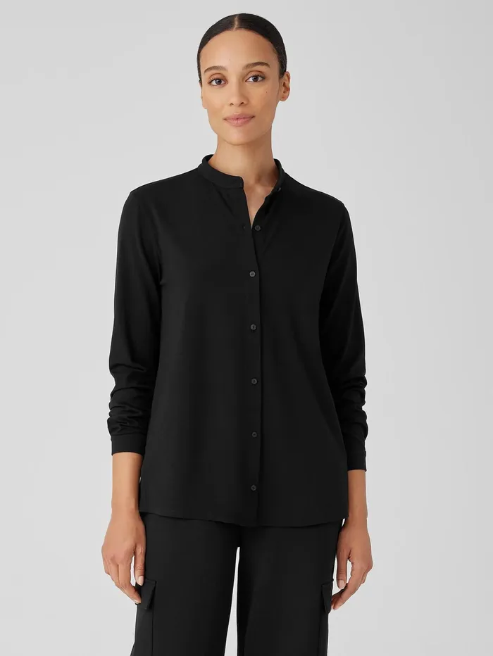 Women Eileen Fisher Tops and Tees Stretch Jersey Knit Band Collar Shirt Black