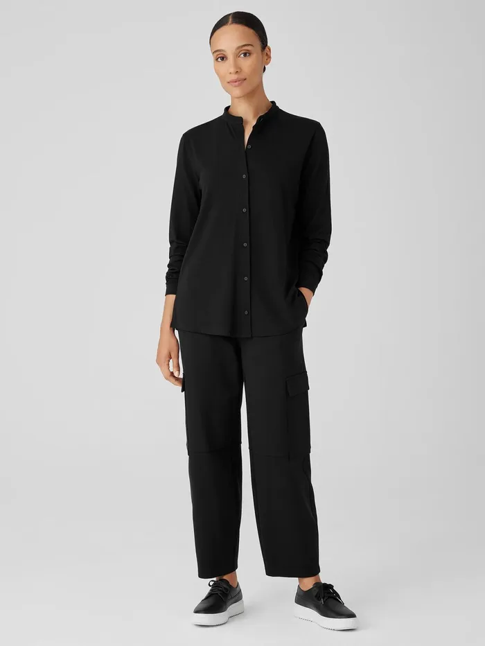 Women Eileen Fisher Tops and Tees Stretch Jersey Knit Band Collar Shirt Black