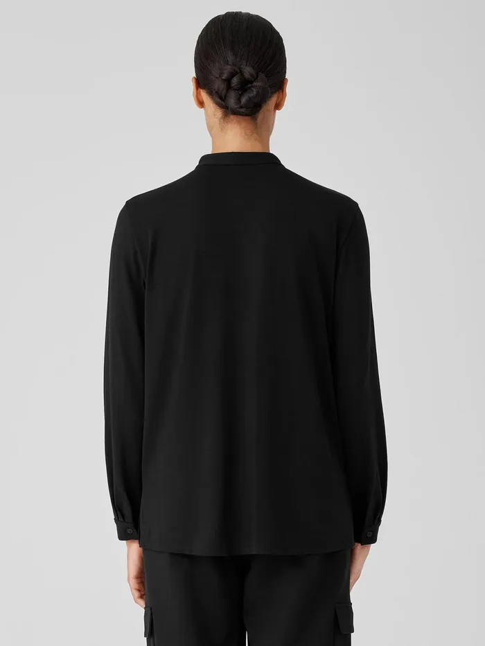 Women Eileen Fisher Tops and Tees Stretch Jersey Knit Band Collar Shirt Black