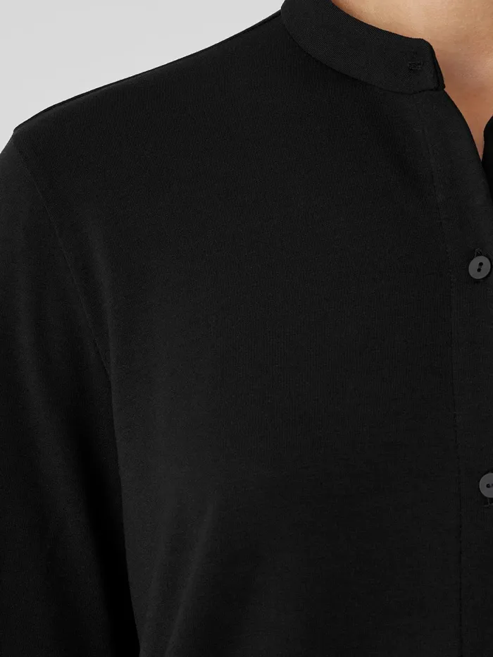Women Eileen Fisher Tops and Tees Stretch Jersey Knit Band Collar Shirt Black