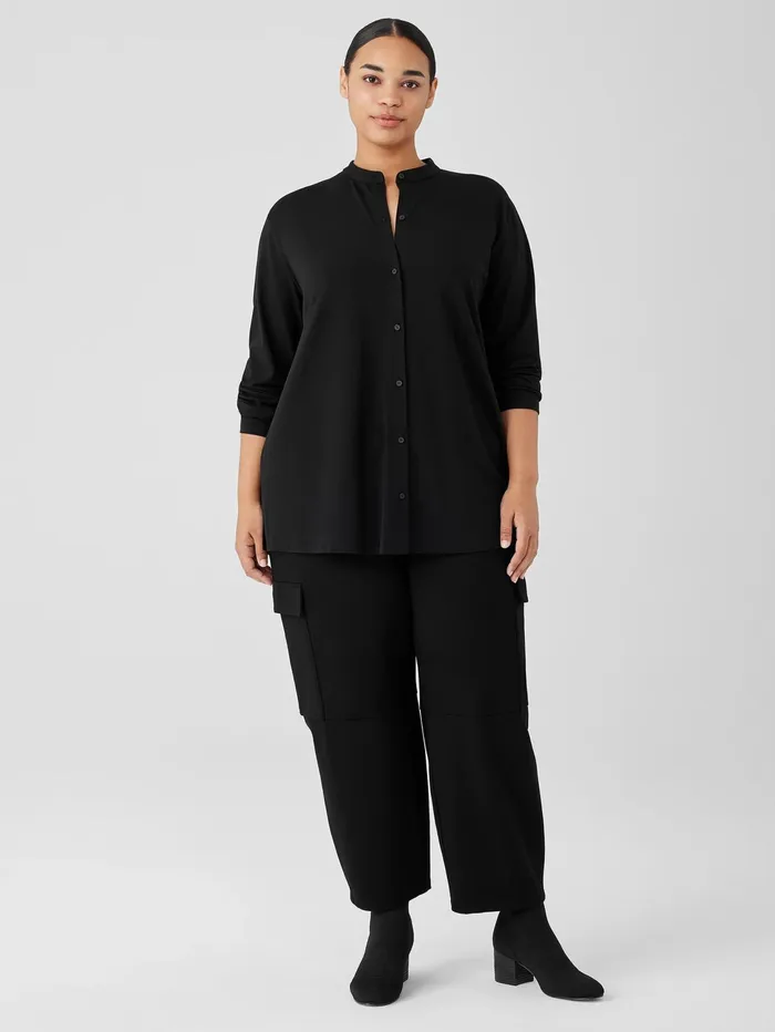 Women Eileen Fisher Tops and Tees Stretch Jersey Knit Band Collar Shirt Black