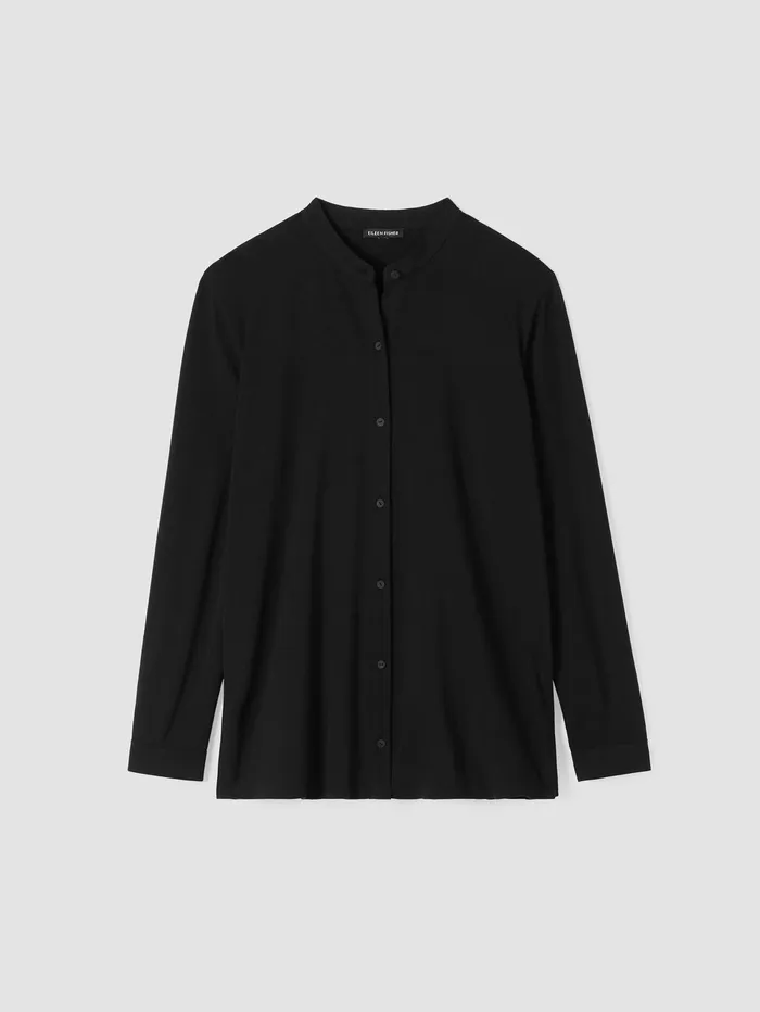 Women Eileen Fisher Tops and Tees Stretch Jersey Knit Band Collar Shirt Black