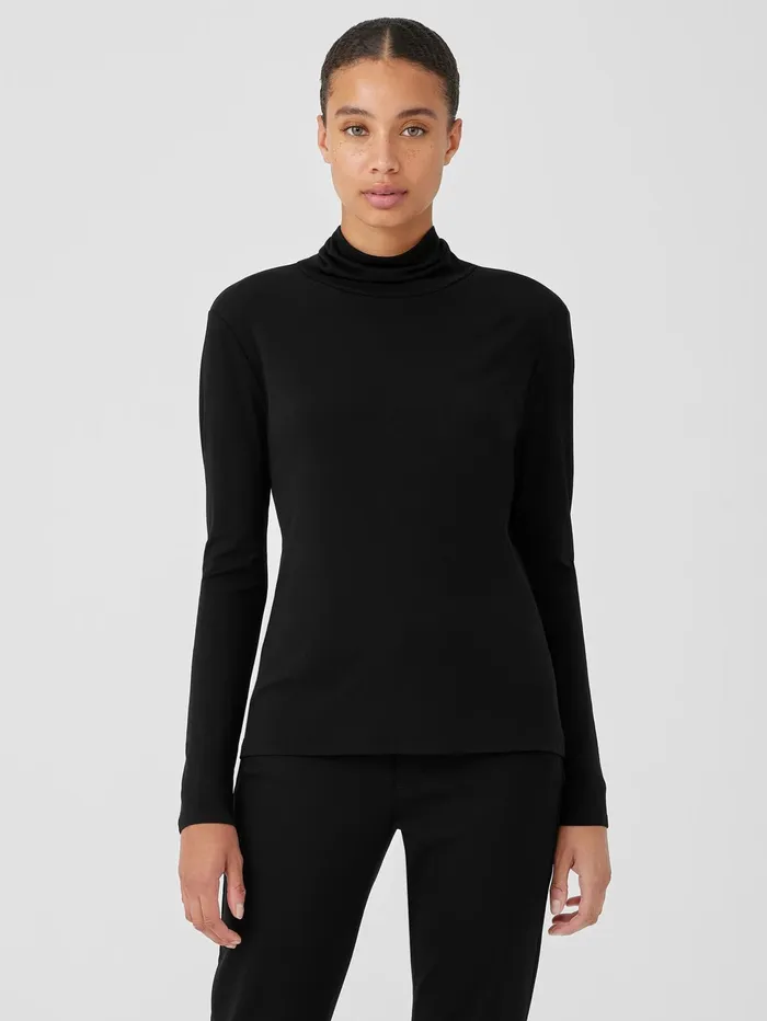 Women Eileen Fisher Tops and Tees Stretch Silk Jersey Scrunch Neck Top Black