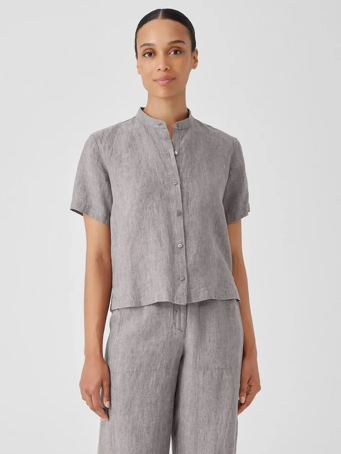 Women Eileen Fisher Tops and Tees Washed Organic Linen Dlav Band Collar Shirt Stone Women Eileen Fisher Tops and Tees Washed Organic Linen Dlav Band Collar Shirt Stone