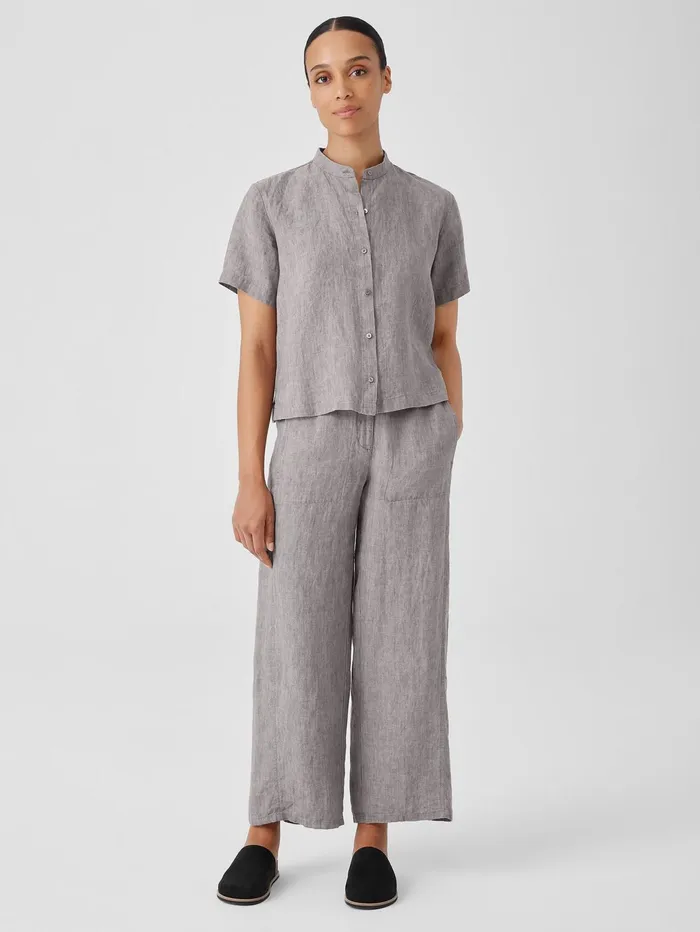Women Eileen Fisher Tops and Tees Washed Organic Linen Dlav Band Collar Shirt Stone