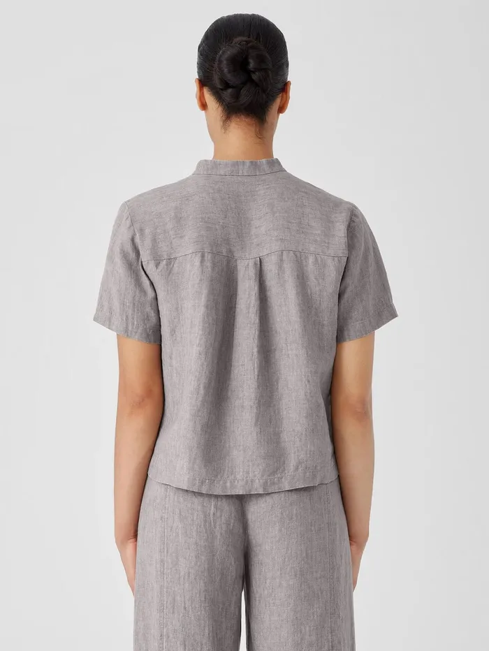 Women Eileen Fisher Tops and Tees Washed Organic Linen Dlav Band Collar Shirt Stone