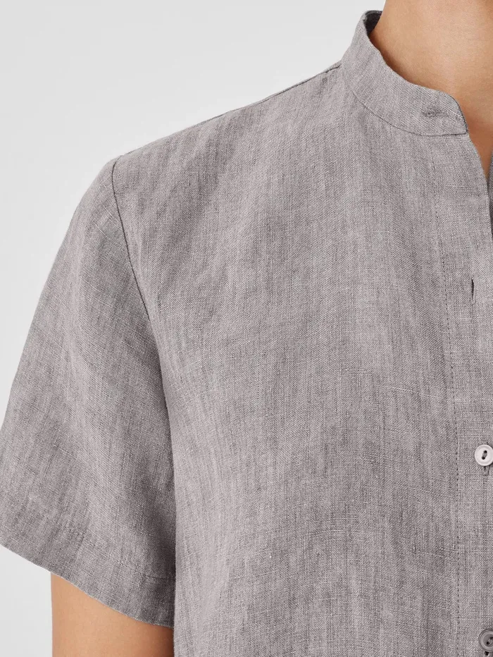 Women Eileen Fisher Tops and Tees Washed Organic Linen Dlav Band Collar Shirt Stone