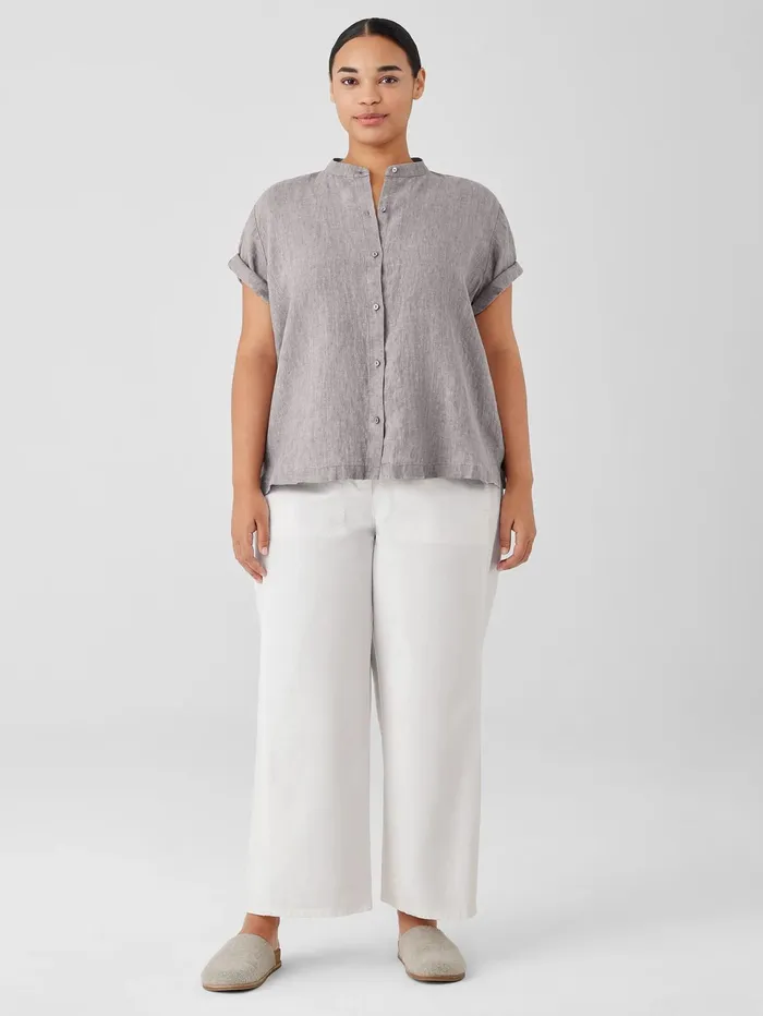 Women Eileen Fisher Tops and Tees Washed Organic Linen Dlav Band Collar Shirt Stone