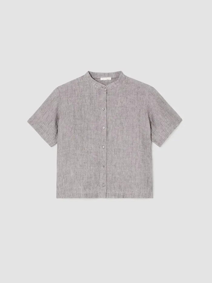 Women Eileen Fisher Tops and Tees Washed Organic Linen Dlav Band Collar Shirt Stone