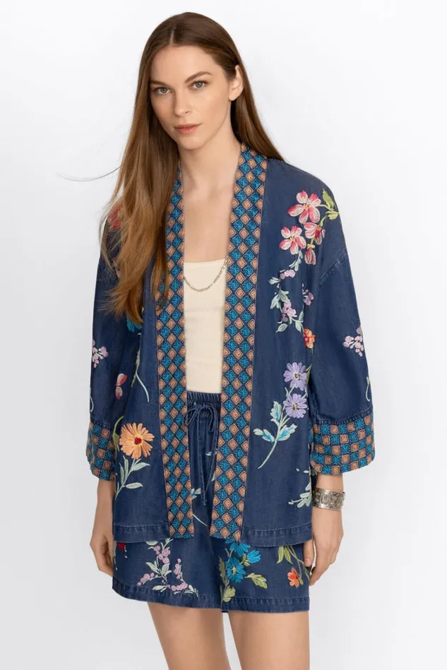 Women EVANGELINE TENCEL CROPPED KIMONO Denim Blue Johnny Was Kimonos Women EVANGELINE TENCEL CROPPED KIMONO Denim Blue Johnny Was Kimonos
