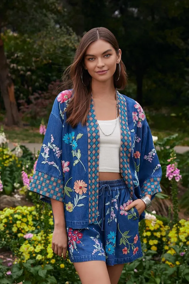 Women EVANGELINE TENCEL CROPPED KIMONO Denim Blue Johnny Was Kimonos Women EVANGELINE TENCEL CROPPED KIMONO Denim Blue Johnny Was Kimonos