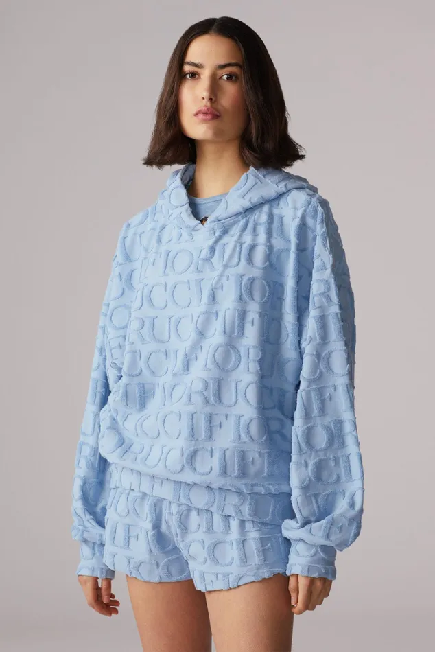 Women Fiorucci Sweatshirts and Hoodies Monogram Towelling Hoodie Blue Women Fiorucci Sweatshirts and Hoodies Monogram Towelling Hoodie Blue
