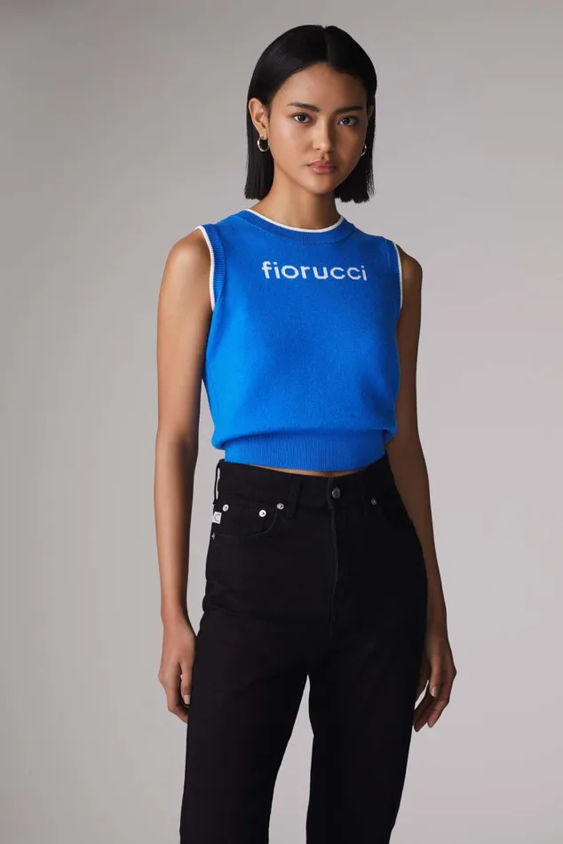 Women Fiorucci TShirts and Tops Logo Crop Knit Vest Blue Women Fiorucci TShirts and Tops Logo Crop Knit Vest Blue