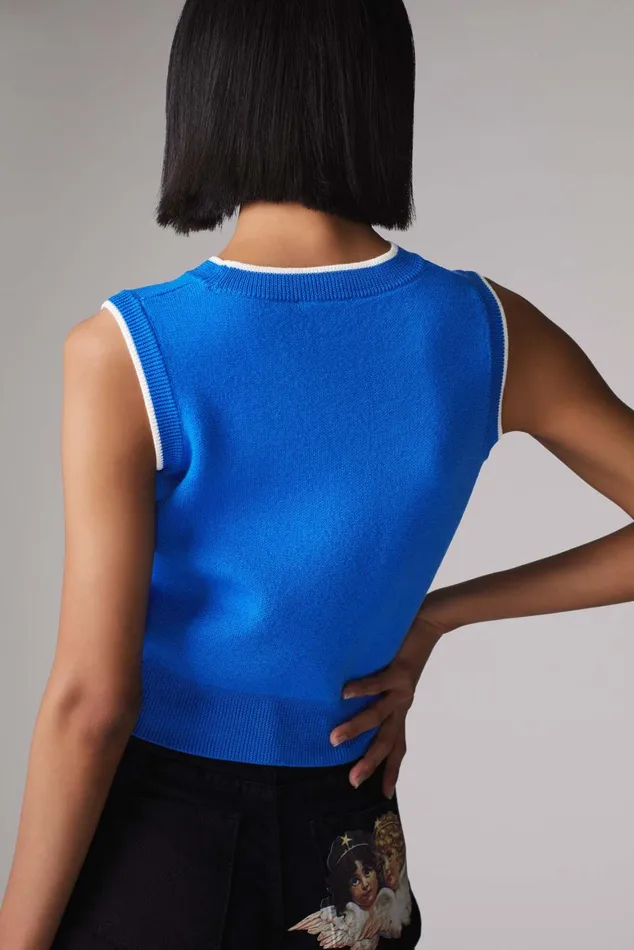 Women Fiorucci TShirts and Tops Logo Crop Knit Vest Blue Women Fiorucci TShirts and Tops Logo Crop Knit Vest Blue
