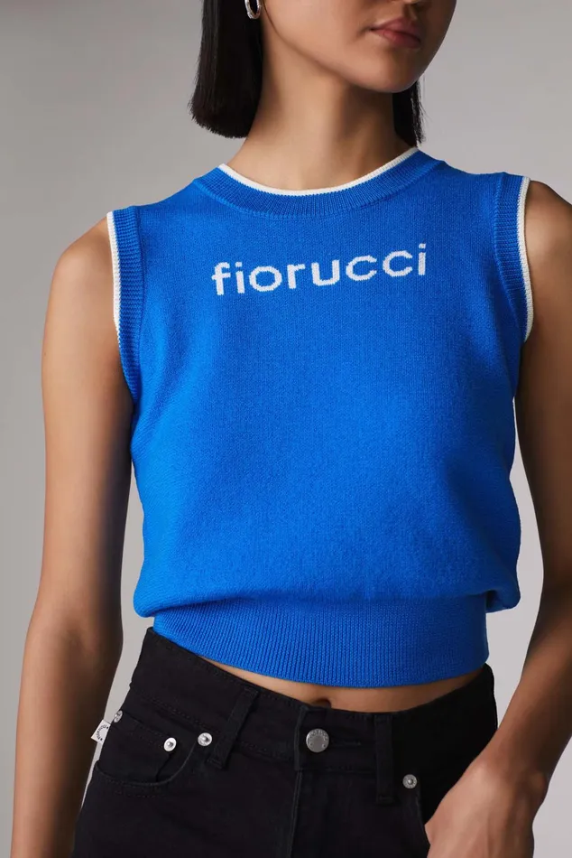 Women Fiorucci TShirts and Tops Logo Crop Knit Vest Blue Women Fiorucci TShirts and Tops Logo Crop Knit Vest Blue