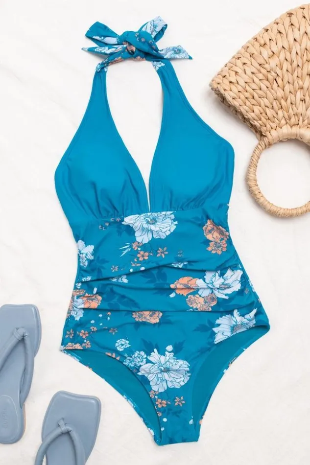 Women Halter and Lace Up Swimsuits Cupshe Seafoam Garden Shirred Front V Neck One Piece Swimsuit Blue