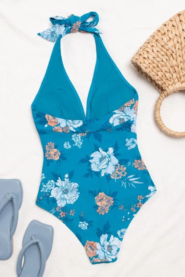 Women Halter and Lace Up Swimsuits Cupshe Seafoam Garden Shirred Front V Neck One Piece Swimsuit Blue