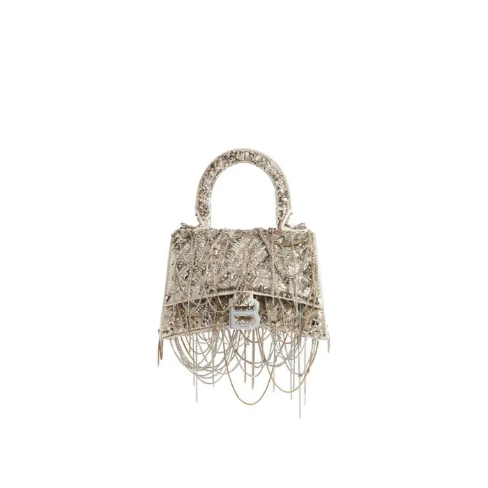 Women Handbags Balenciaga Hourglass Xs Handbag With Chain Embroidery In Beige Women Handbags Balenciaga Hourglass Xs Handbag With Chain Embroidery In Beige