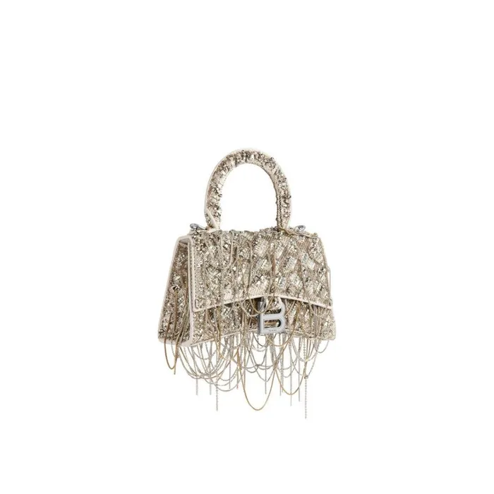 Women Handbags Balenciaga Hourglass Xs Handbag With Chain Embroidery In Beige