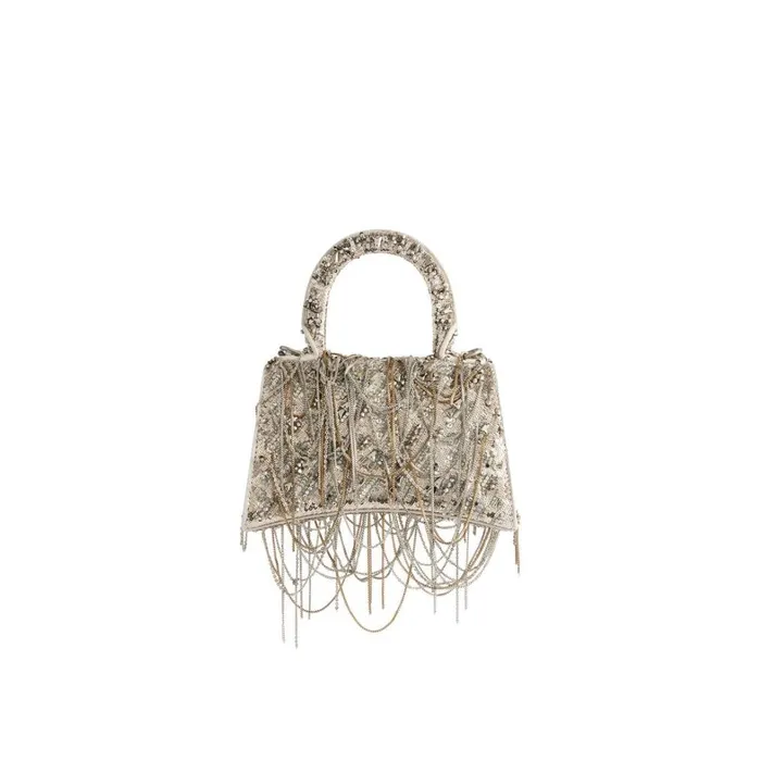 Women Handbags Balenciaga Hourglass Xs Handbag With Chain Embroidery In Beige
