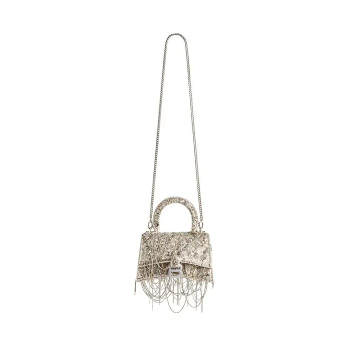 Women Handbags Balenciaga Hourglass Xs Handbag With Chain Embroidery In Beige