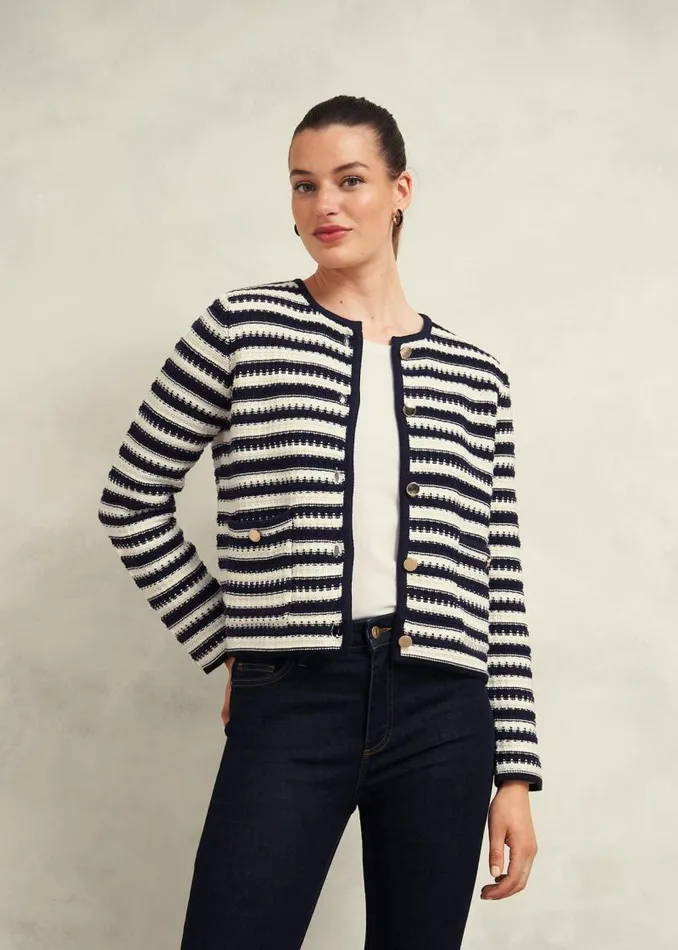 Women HOBBS Coats and Jackets Milly Cotton Knitted Jacket Navy Warm Ivory