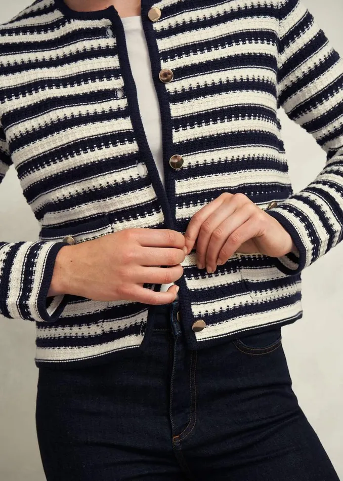 Women HOBBS Coats and Jackets Milly Cotton Knitted Jacket Navy Warm Ivory