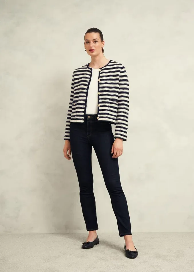 Women HOBBS Coats and Jackets Milly Cotton Knitted Jacket Navy Warm Ivory