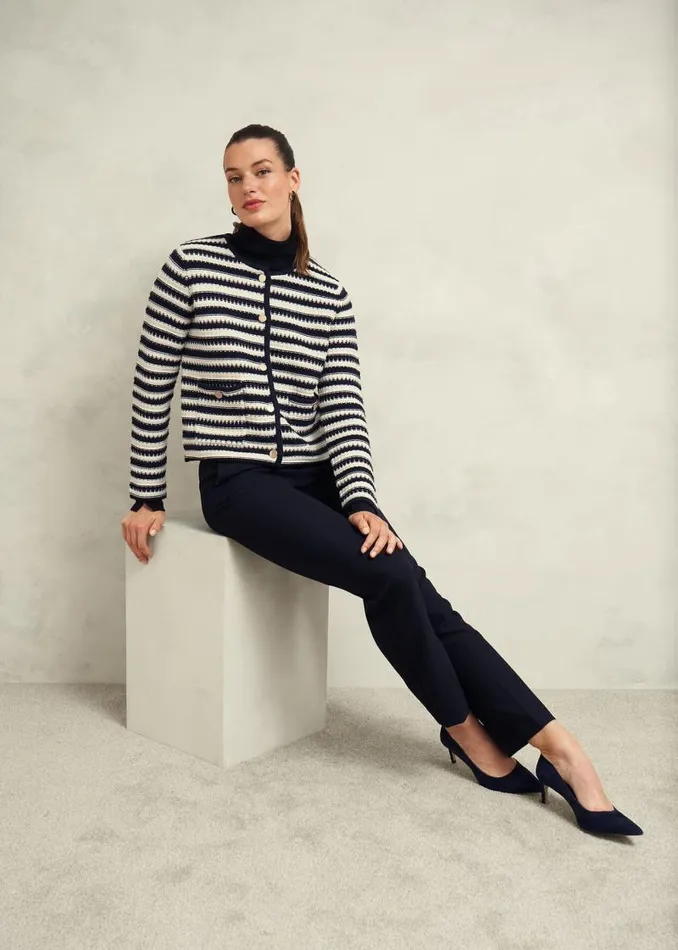 Women HOBBS Coats and Jackets Milly Cotton Knitted Jacket Navy Warm Ivory