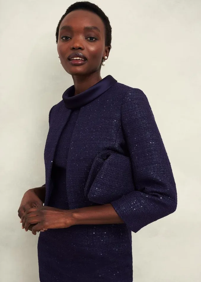 Women HOBBS Coats and Jackets Prisha Sequin Tweed Jacket Midnight Navy