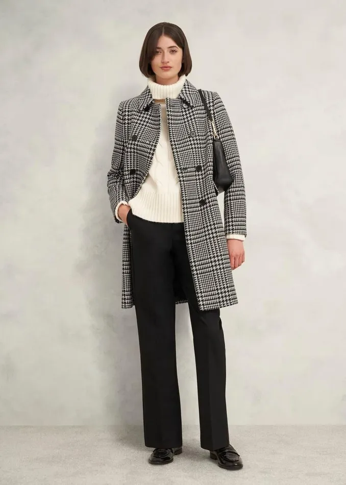 Women HOBBS Coats and Jackets Yvette Wool Blend Check Coat Black Ivory