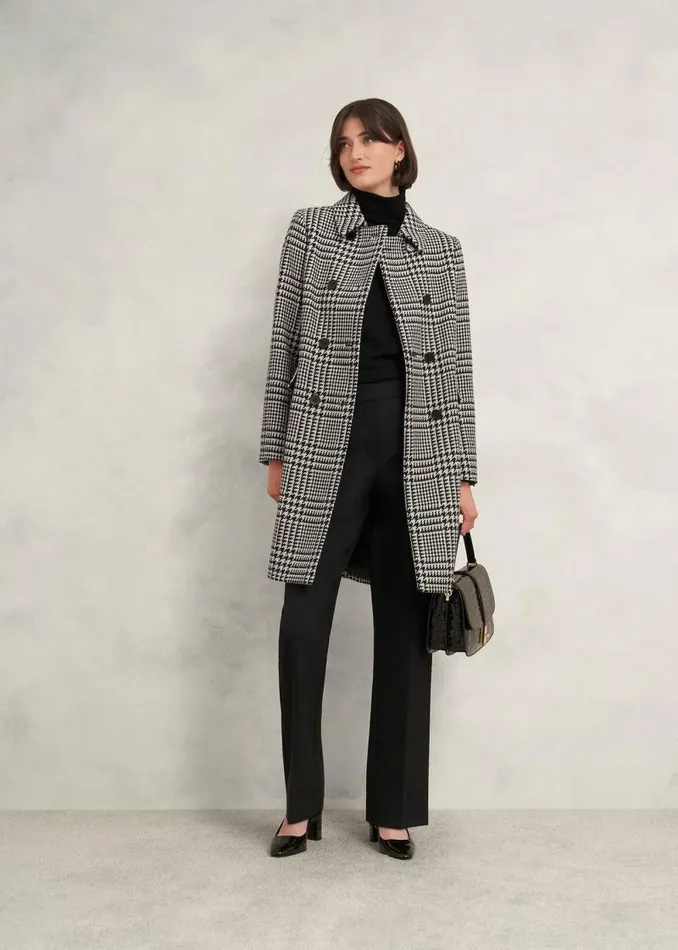 Women HOBBS Coats and Jackets Yvette Wool Blend Check Coat Black Ivory