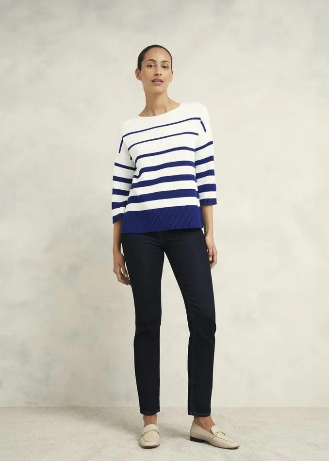 Women HOBBS Jumpers and Cardigans Elaine Stripe Cotton Blend Jumper Ivory Blue Women HOBBS Jumpers and Cardigans Elaine Stripe Cotton Blend Jumper Ivory Blue