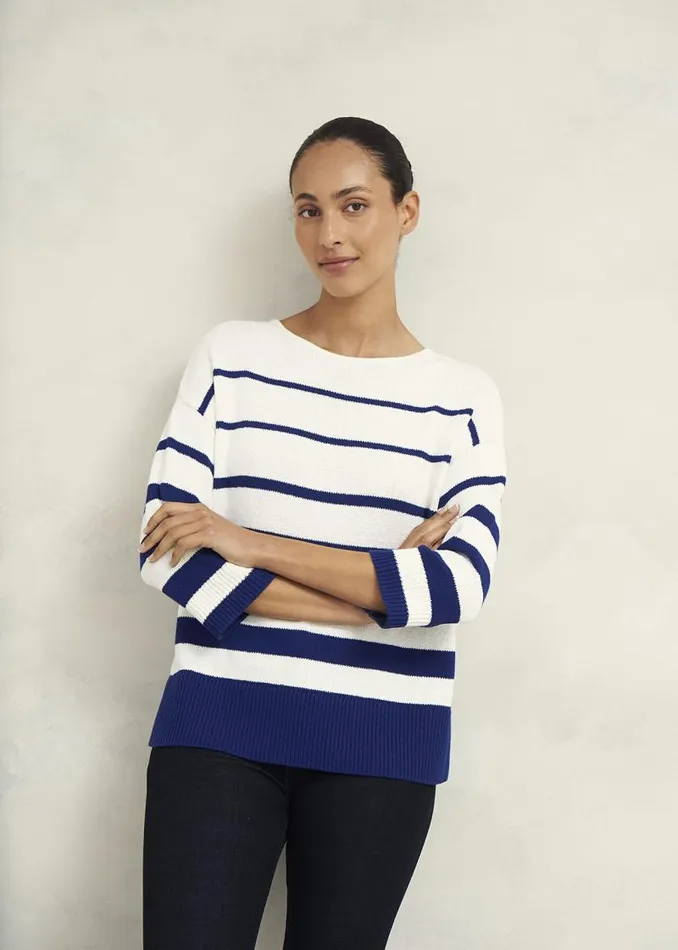 Women HOBBS Jumpers and Cardigans Elaine Stripe Cotton Blend Jumper Ivory Blue