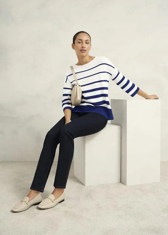 Women HOBBS Jumpers and Cardigans Elaine Stripe Cotton Blend Jumper Ivory Blue