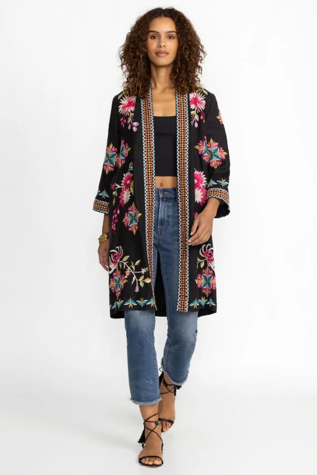 Women JULIE LINEN KIMONO COAT Black Johnny Was Kimonos